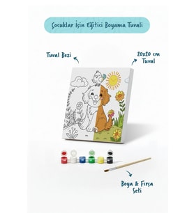 Sevimli Köpek ve Kuş Temalı Çocuk Boyama Tuvali – Şövalesiz Eğitici Boyama Seti 20x20 cm
