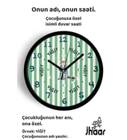 İsme Özel Kedi Çocuk Odası Duvar Saati Orta Boy 30 cm Siyah Camlı Sessiz
