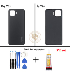 Oppo KAPAK Vida Seti + Yapıştırıcı Reno 4 Lite Siyah Yapıştırıcı B-7000 Yapıştırıcı Vida Seti Arka Kapak Arka Cam Batarya Kapağı Lazer Kesim Kapak Pil Kapağı Back Cover