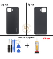 Oppo KAPAK Vida Seti + Yapıştırıcı Reno 4 Lite Siyah Yapıştırıcı B-7000 Yapıştırıcı Vida Seti Arka Kapak Arka Cam Batarya Kapağı Lazer Kesim Kapak Pil Kapağı Back Cover