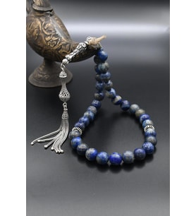 33'lük Doğal Lapis lazuli Taşlı Tesbih 925 Ayar Gümüş Püsküllü 10mm Küre Kesim 500018