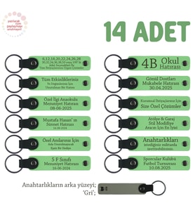 Sınıf Annelerinden Öğretmene Hatıra, 14'lü Set, Kişiselleştirilebilir Deri Anahtarlık, F Yeşil & Gri (Fıstık Yeşili)