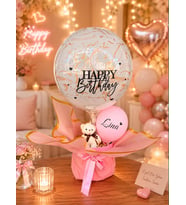 Kişiye Özel İsim Baskılı Happy Birthday Balon Kutusu – Ayıcıklı Pembe Doğum Günü Hediyesi