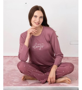 Pijamoni Kadın Milan Bisiklet Yaka Uzun Kol İnce Pijama Takımı 7600/37 - 1 Adet (Gül Kurusu)