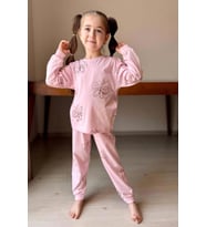 Kız Çocuk Bilekleri Manşetli Kelebek Desenli Pembe Pijama Takımı