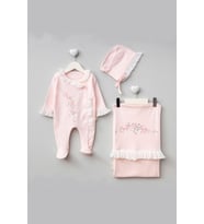 Kız Bebek % 100 Pamuk Natural Çiçek Nakışlı Dantel Detaylı 3'lü Hastane Çıkışı Seti STL7078 (Pembe)