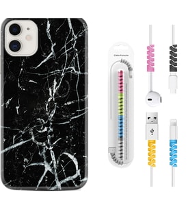 Apple iPhone 11 12 13 Mini Kılıf Kablo Koruma Spiral Silikon Black Marble 3 1382