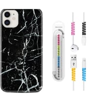 Apple iPhone 11 12 13 Mini Kılıf Kablo Koruma Spiral Silikon Black Marble 3 1382