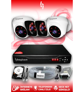 BAYICAM 4 Kameralı Kare 2 İç Kamera Set 100 GB HDD Full HD Gece Görüşlü Güvenlik Kamerası Sistemi