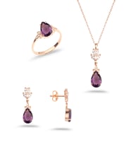 925 Ayar Gümüş Lotus Motifli Ametist Taşlı Set