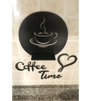 Coffee Time Raf Ve Duvar Süsü - Lazer Kesim Ahşap Duvar Rafı - Mumluk - Küçük Saksılık (Siyah)