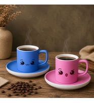 BK Gift 2'li Mavi ve Pembe Renkli Emoji Yüz Tasarımlı Seramik Türk Kahvesi Fincanı Takımı-8