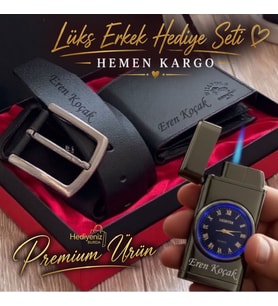 Hemen Kargo İsme Özel Hakiki Deri Cüzdan Kemer Saatli Çakmak - Premium Erkek Hediye Seti