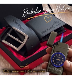İsme Özel Hakiki Deri Cüzdan Kemer Saatli Çakmak  Premium Erkek  Hediye Seti