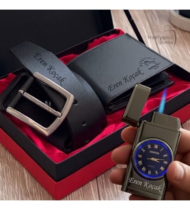 İsme Özel Hakiki Deri Cüzdan Kemer Saatli Çakmak  Premium Erkek  Hediye Seti