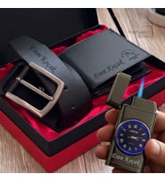 İsme Özel Hakiki Deri Cüzdan Kemer Saatli Çakmak  Premium Erkek  Hediye Seti