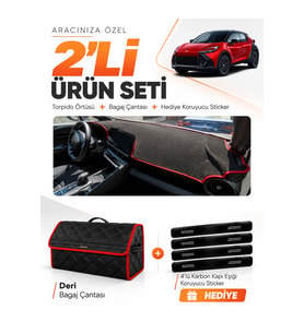 TOYOTA CHR HEAD UP DİSPLAY YOK (2024-2026) Uyumlu Torpido Örtüsü + Deri Bagaj Çantası Seti - Siyah Kırmızı