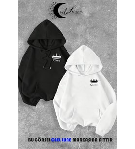 Sevgili Çift Kombin King And Queen Baskılı Özel Tasarım Kapüşonlu Sweatshirt 2li Set Takım (Beyaz-Siyah)