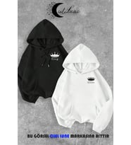 Sevgili Çift Kombin King And Queen Baskılı Özel Tasarım Kapüşonlu Sweatshirt 2li Set Takım (Beyaz-Siyah)