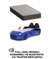 Mavi Arabalı Yatak Kapıları Açılan GTR Full Ledli Kumandalı ve Müzikli + Ortopedik Yatak