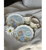 %100 El Boyaması Papatya Çiçekli Mavi Zemin Desenli Türk Kahvesi Fincanı, Mug, Kupa