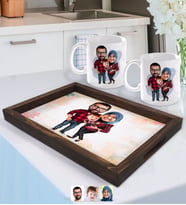 BK Gift Kişiye Özel Tesettürlü Aile Karikatürlü Doğal Ahşap Tepsi ve 2’li Kupa Bardak Seti-2