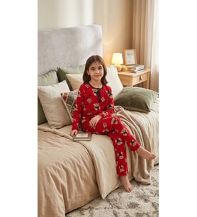 Biçomi Kaşıntı ve Tahriş Önleyici %100 Pamuk Kalpli Ayıcık Çocuk Pijama Takımı