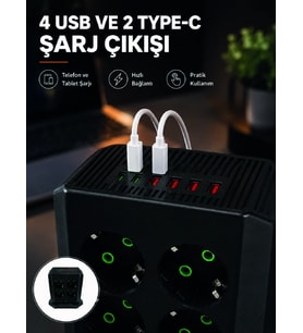 8'li Dikey Çoklu Priz 4 Usb 2 Type-c Akım Korumalı Anahtarlı Priz