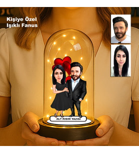 Kişiye Özel Çift Karikatür Fanus  Sevgili ve Evlilere Özel Işıklı Biblo