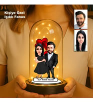 Kişiye Özel Çift Karikatür Fanus  Sevgili ve Evlilere Özel Işıklı Biblo