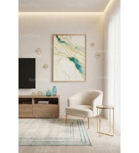 Turkuaz ve Altın Mermer Desen Dekoratif Ahşap Çerçeveli Tablo – Modern Salon Dekoru