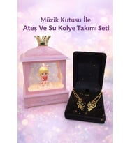 SEVGİLİ KAR KÜRESİ VE ATEŞ VE SU KOLYESİ TAKIMI SEVGİLİLER GÜNÜNE ÖZEL MÜZİK KUTUSU IŞIKLI DEKOR KALPLİ (Pembe-Altın)