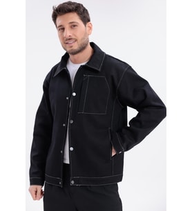 Erkek Dikiş Detaylı Oversize Gabardin Ceket - Mont (Siyah)