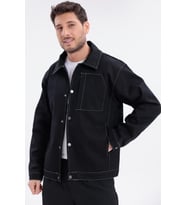 Erkek Dikiş Detaylı Oversize Gabardin Ceket - Mont (Siyah)