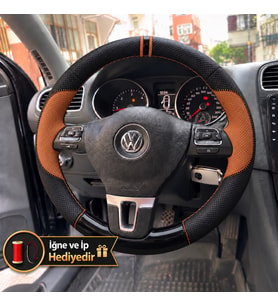 Vw Tiguan 1 Dikme Direksiyon Kılıfı Delikli Deri Parlak Siyah Taba Detay Çift Yüzük ve Dikiş 2011-2016