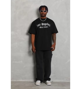 Unisex Oversize Baskılı Bisiklet Yaka T-Shirt - Siyah