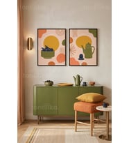 Retro Minimalist Soyut Mutfak Objeleri 2'li Ahşap Çerçeveli Tablo Seti