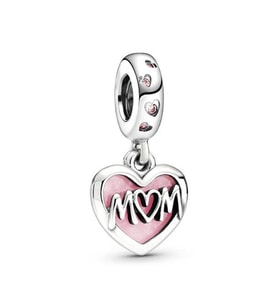 Nur Silver Mom Yazılı Pembe Mineli Kalp Gümüş Charm NUR-BL00193