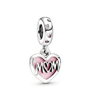 Nur Silver Mom Yazılı Pembe Mineli Kalp Gümüş Charm NUR-BL00193