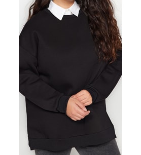 Büyük Beden Oversize Bisiklet Yaka Standart Kol Kalın İçi Polarlı Yırtmaçlı Örme Sweatshirt