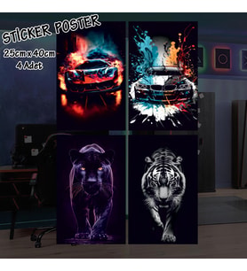 boya efektli arabalar kaplan panter - 4 adet yapışkanlı poster sticker etiketler - dolap cam oda için