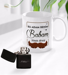 BK Gift Kişiye Özel Bu Adam Benim Babam Tasarımlı Kupa Bardak ve Benzinli Çakmak Seti - Model 1