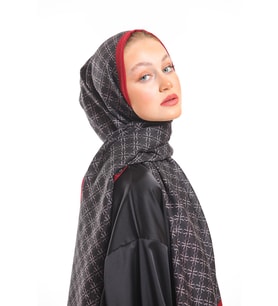 Geometrik Desen Pavia Seri Şal Eşarp Askısı ile Birlikte 75x200 cm Siyah Bordo-7
