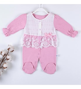 3-9 Ay Kız Bebek Tulumu Gofralı Fransız Güpürlü Pembe