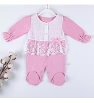 3-9 Ay Kız Bebek Tulumu Gofralı Fransız Güpürlü Pembe