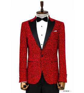 Leopar Desenli Slim Fit Dik Yaka Bordo Erkek Balo Ceketi - Wessi