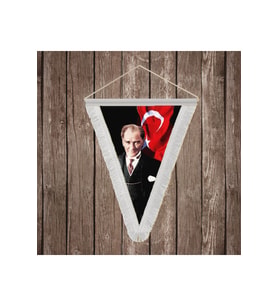 Atatürk ve Atatürk İmzalı Türk Bayrağı Beyaz Saçaklı Üçgen Flama Bayrak Hatıra Flama ATA51