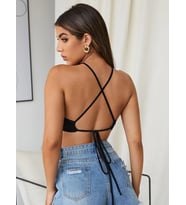 Liona Kadın Siyah Renk Sırtı Açık Bağcıklı Sütyen Stil Super Crop Halter Bluz