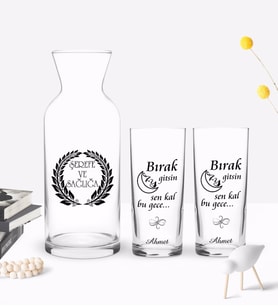 BK Gift Kişiye Özel Renkli Baskılı Bırak Ay Gitsin Tasarımlı İkili Rakı Bardağı ve Karaf Hediye Seti-1 (Model 1)