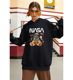 Unisex Nasa Bear Baskılı Sweatshirt (Siyah)